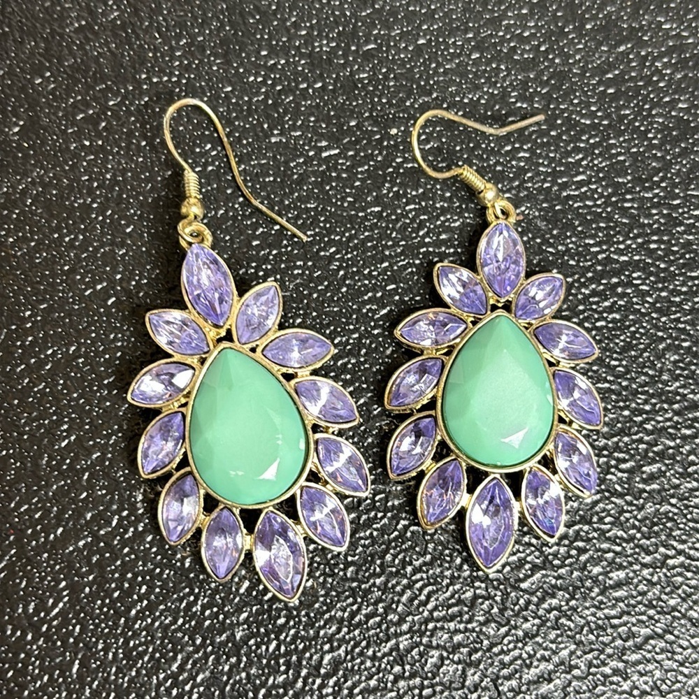 Mint Green and Lavender Floral Earrings Colorful Dangle Gold Hooks